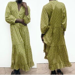 ZARA WOMEN PRINTED LONG SLEEVES TIERED MIDI DRESS 100% COTTON SIZE L